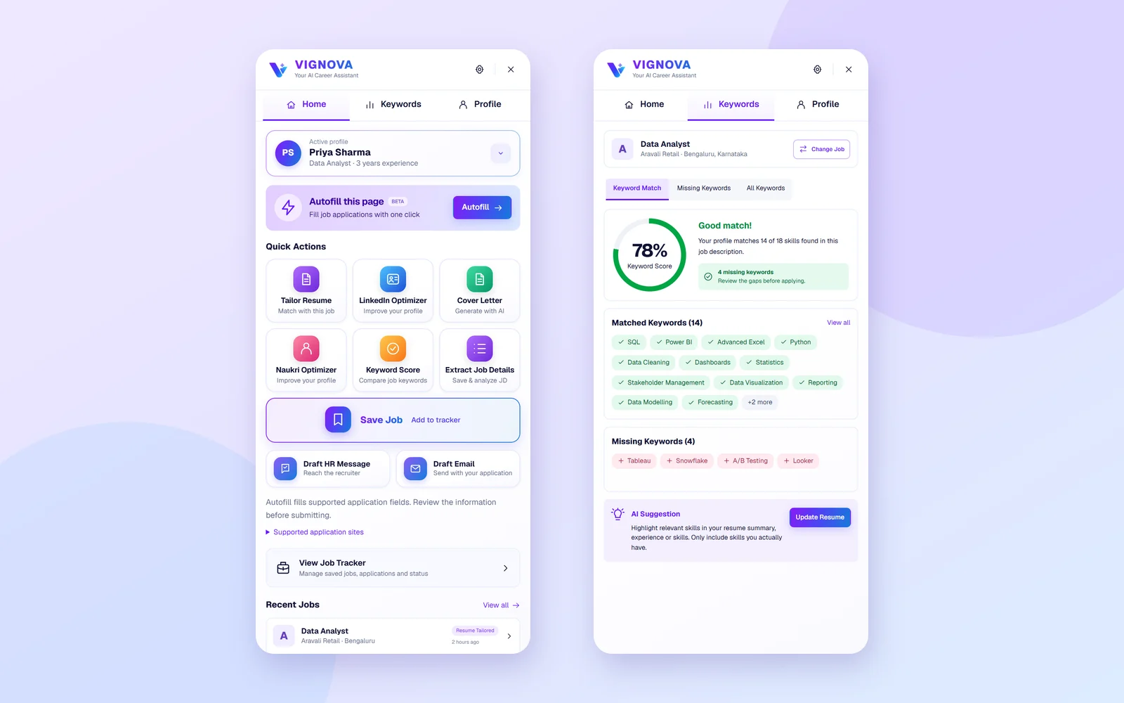 The Vignova Chrome extension showing its tools and a keyword score for a job posting