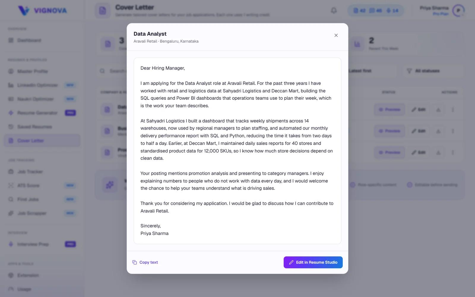 A cover letter for a saved job previewed in Vignova, with options to copy the text or edit it in Resume Studio