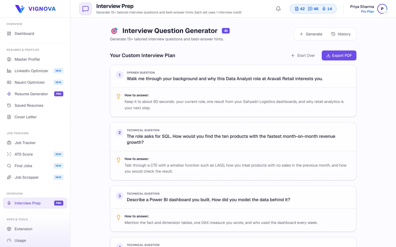 Vignova interview preparation showing practice questions for a saved job, each with a tip on how to answer