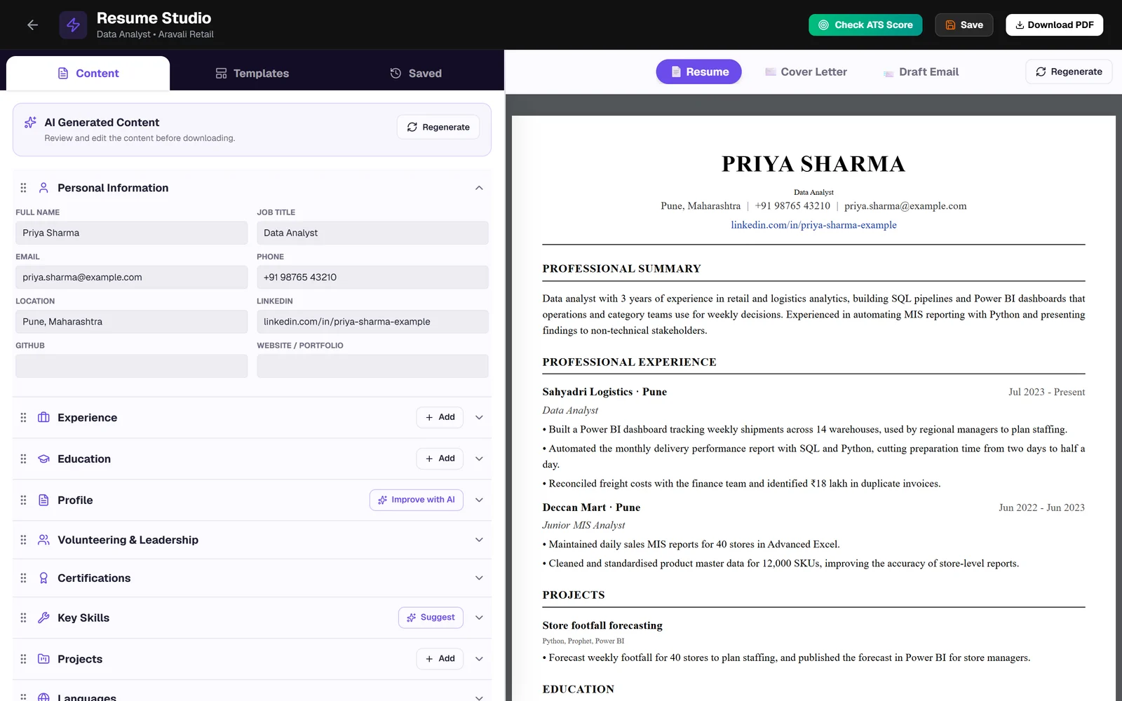 Vignova Resume Studio with the resume content editor beside a live, formatted resume preview