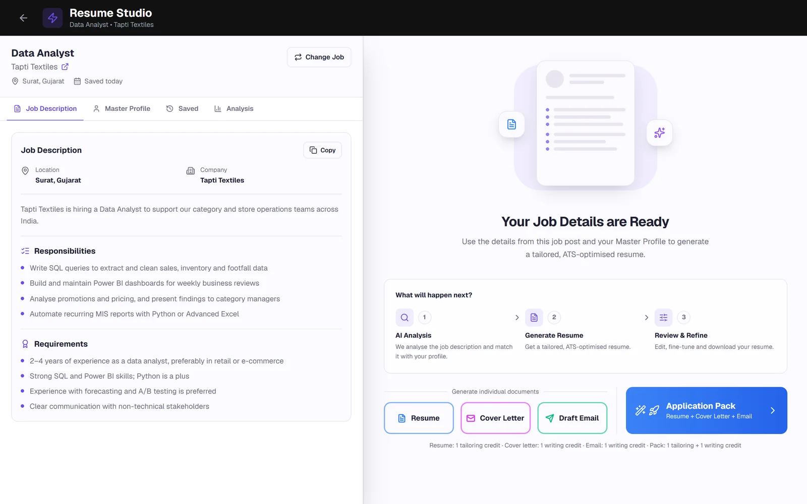 Vignova Resume Studio showing a saved job description with options to generate a tailored resume, cover letter, email or application pack